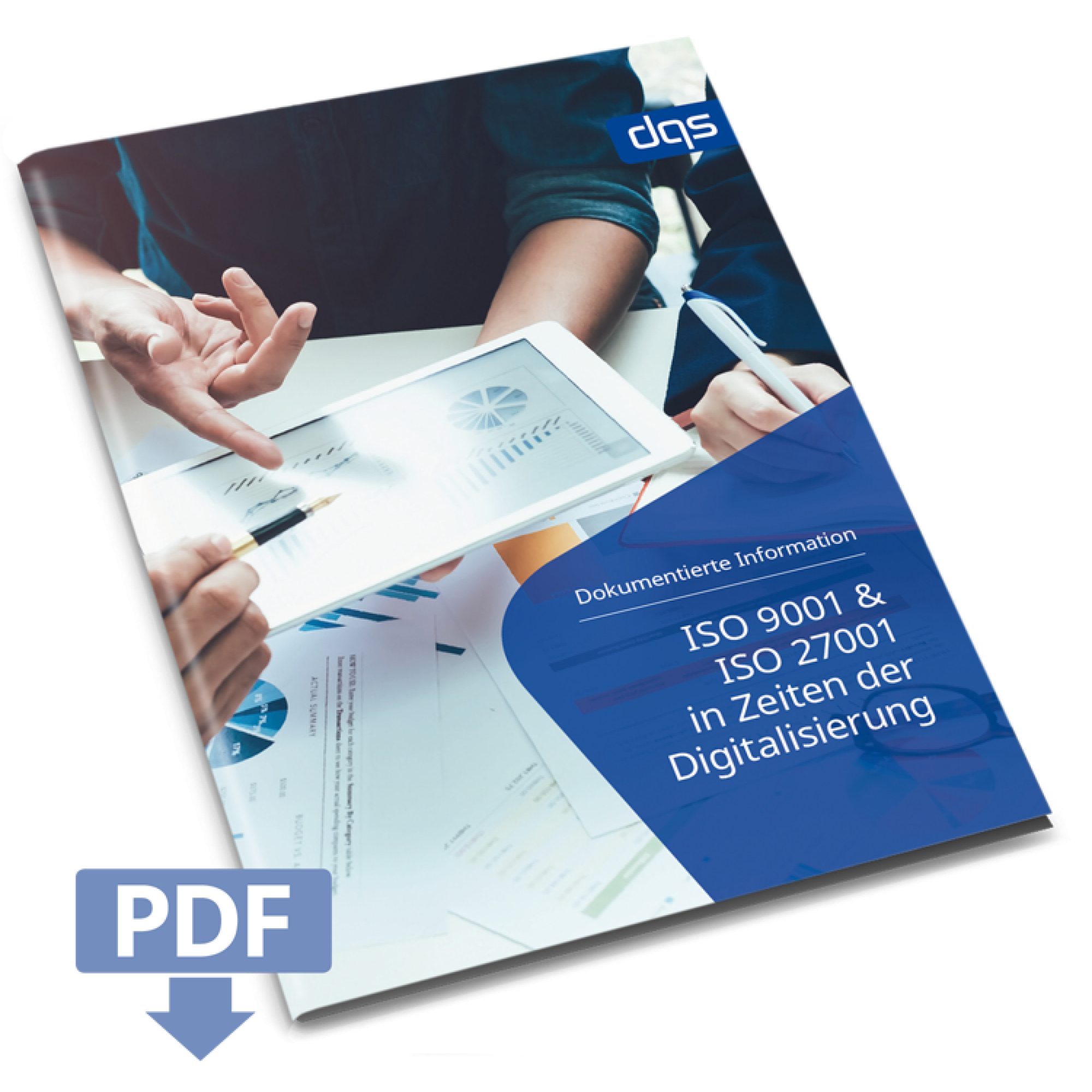 Cover sheet for German whitepaper ISO 9001 and ISO 27001 in times of digitalization with pdf 