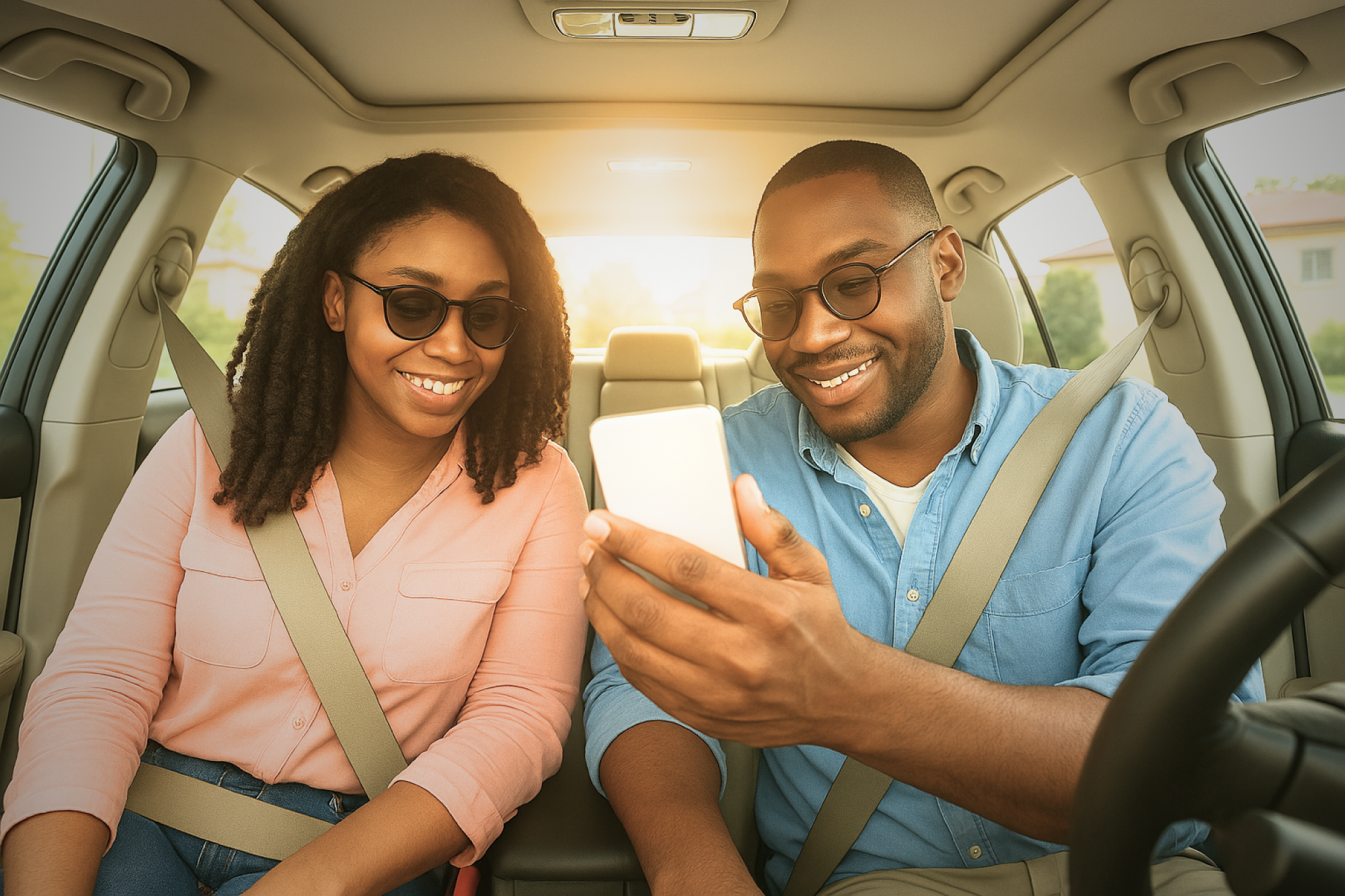 Two people sitting in a car wearing seatbelts, smiling and looking at a smartphone, daylight, sungla