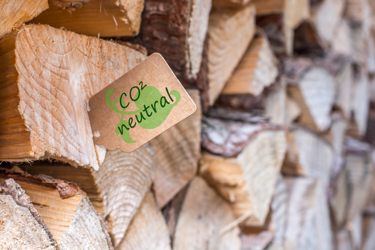 co2-carbon-neutrality-dqs-in a stack of logs there is a little wooden label with the inscirption co2