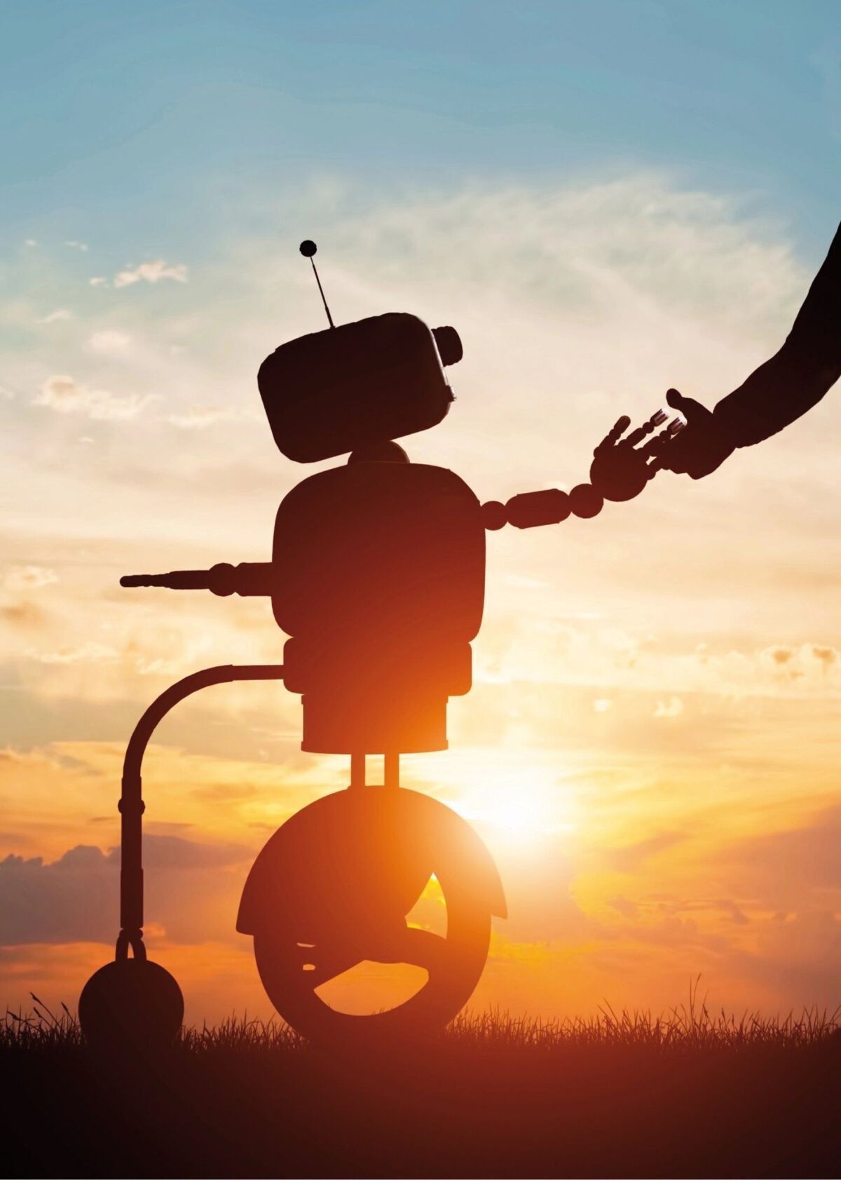 ai robot holding hands with a human in the sunset