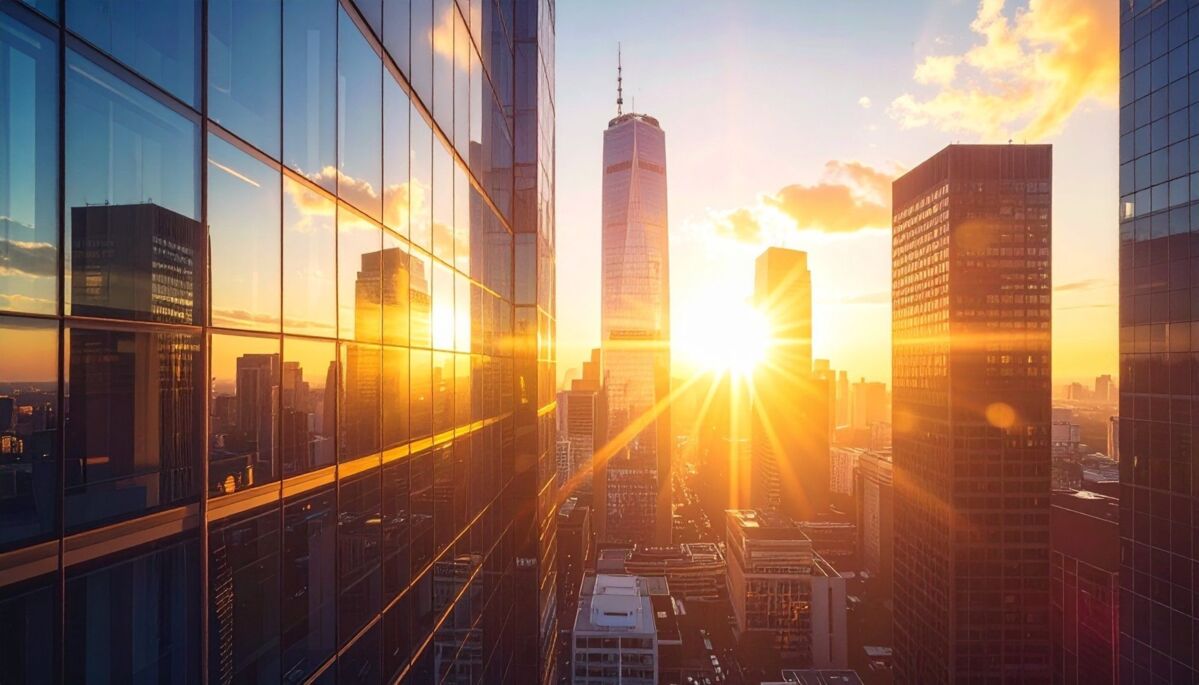 Sunset cityscape with modern skyscrapers, glass facades reflecting warm sunlight, urban architecture