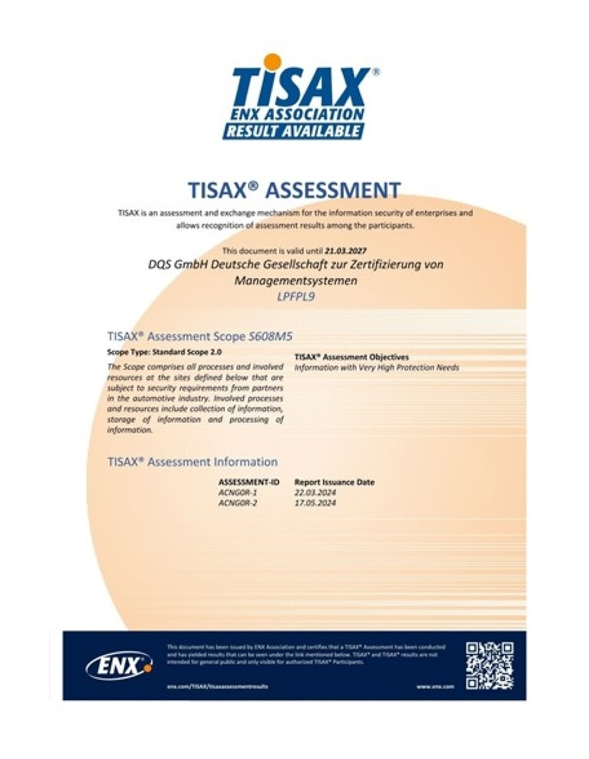 TISAX® Assessment Document of ENX for DQS