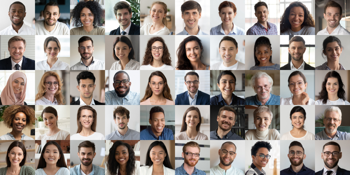 Many happy diverse ethnicity different young and old people group headshots in collage mosaic collec