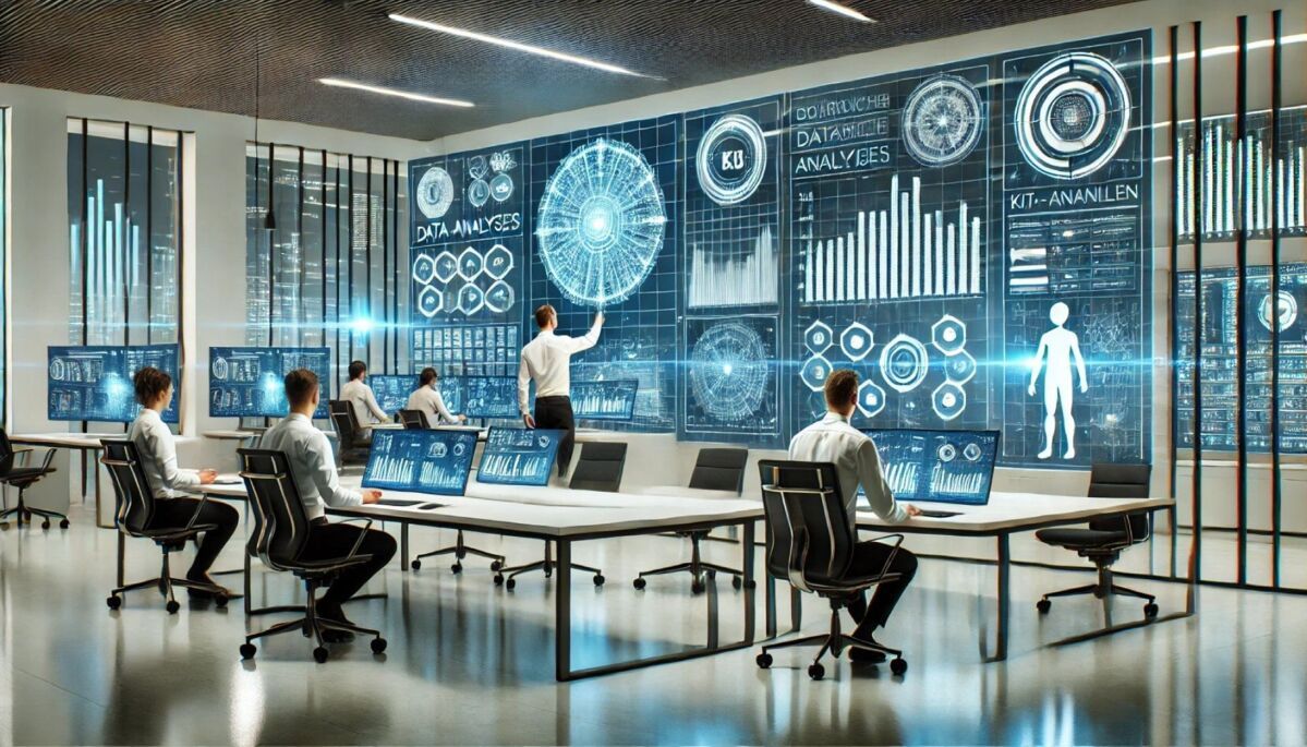 Modern office with AI technology: people control systems via screens and touchscreens, surrounded by
