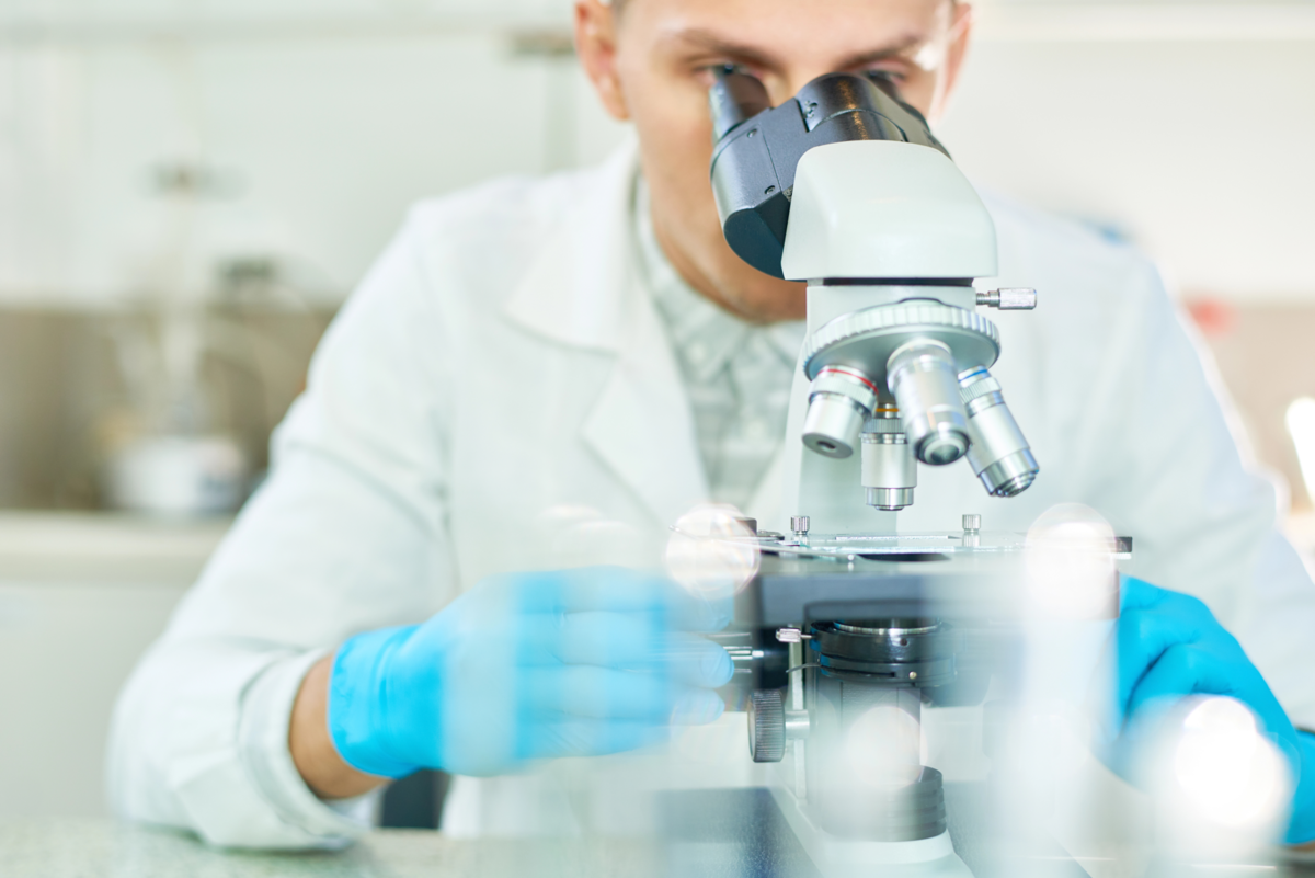 Hard-working young scientist wearing rubber gloves and white coat looking through microscope while w