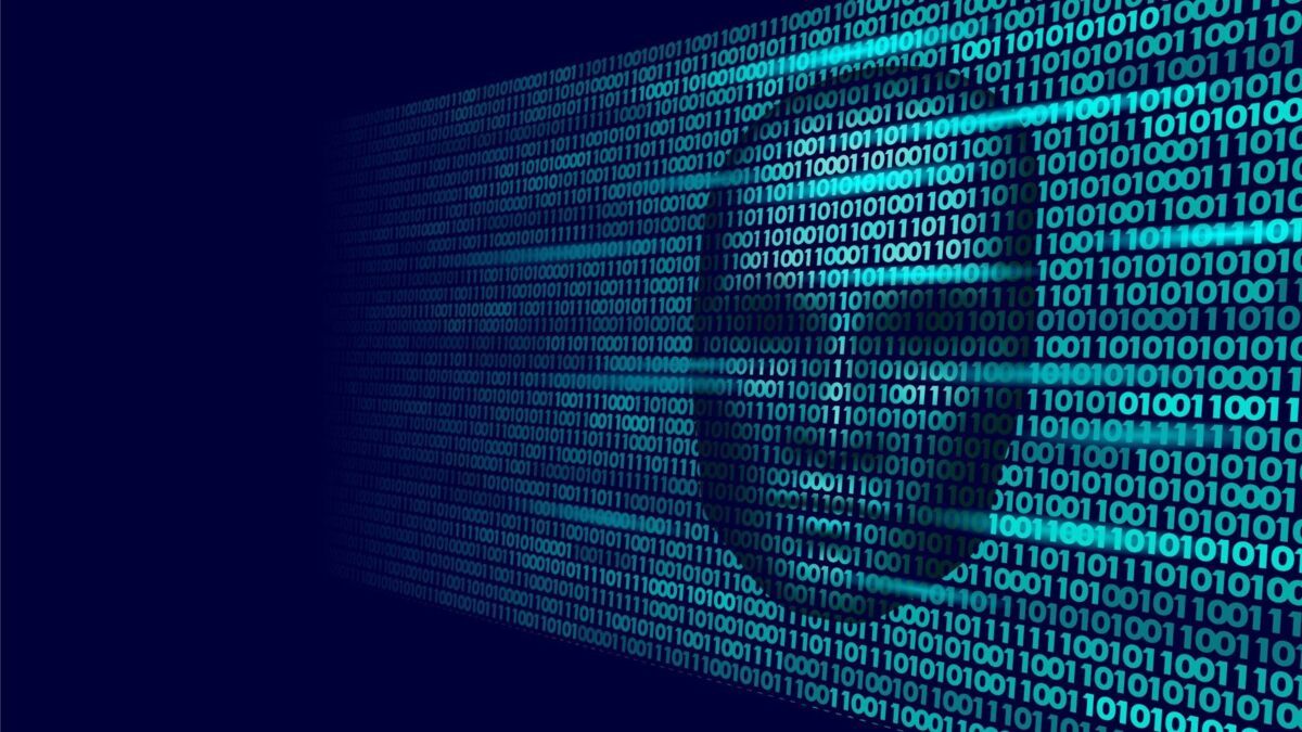 Hacker artificial intelligence robot danger dark face. Cyborg binary code head shadow online hack al