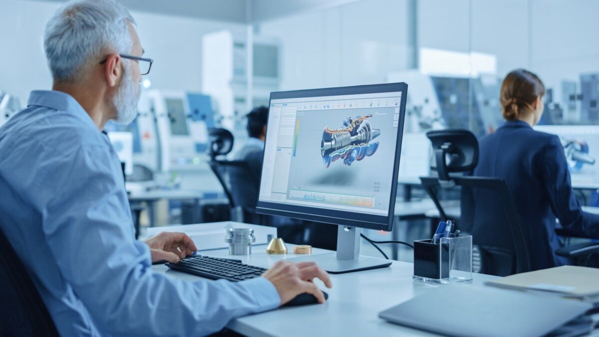 Modern industrial factory, a team of mechanical engineers work on large screens and use the latest h