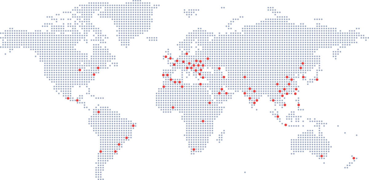 Worldmap with red dots to show office location across the world