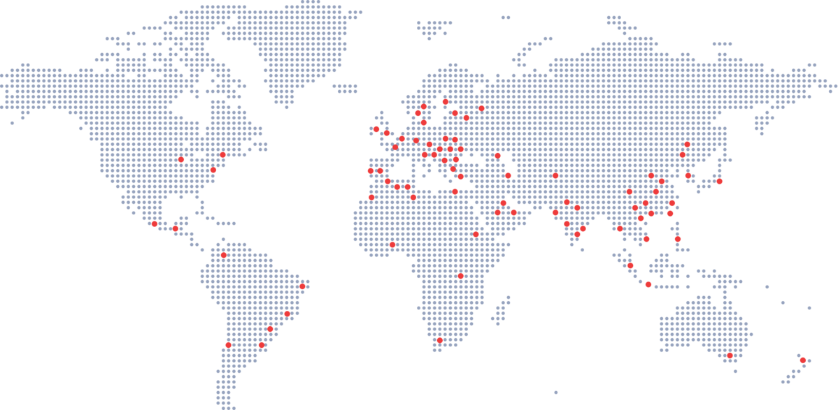 Worldmap with red dots to show office location across the world