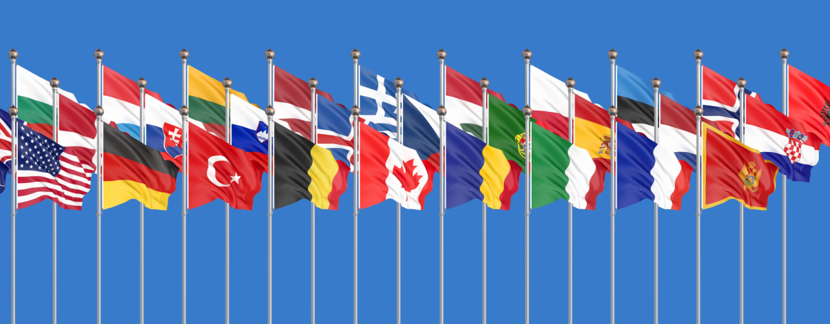 Waving flags of various international countries against the backdrop of a blue sky.