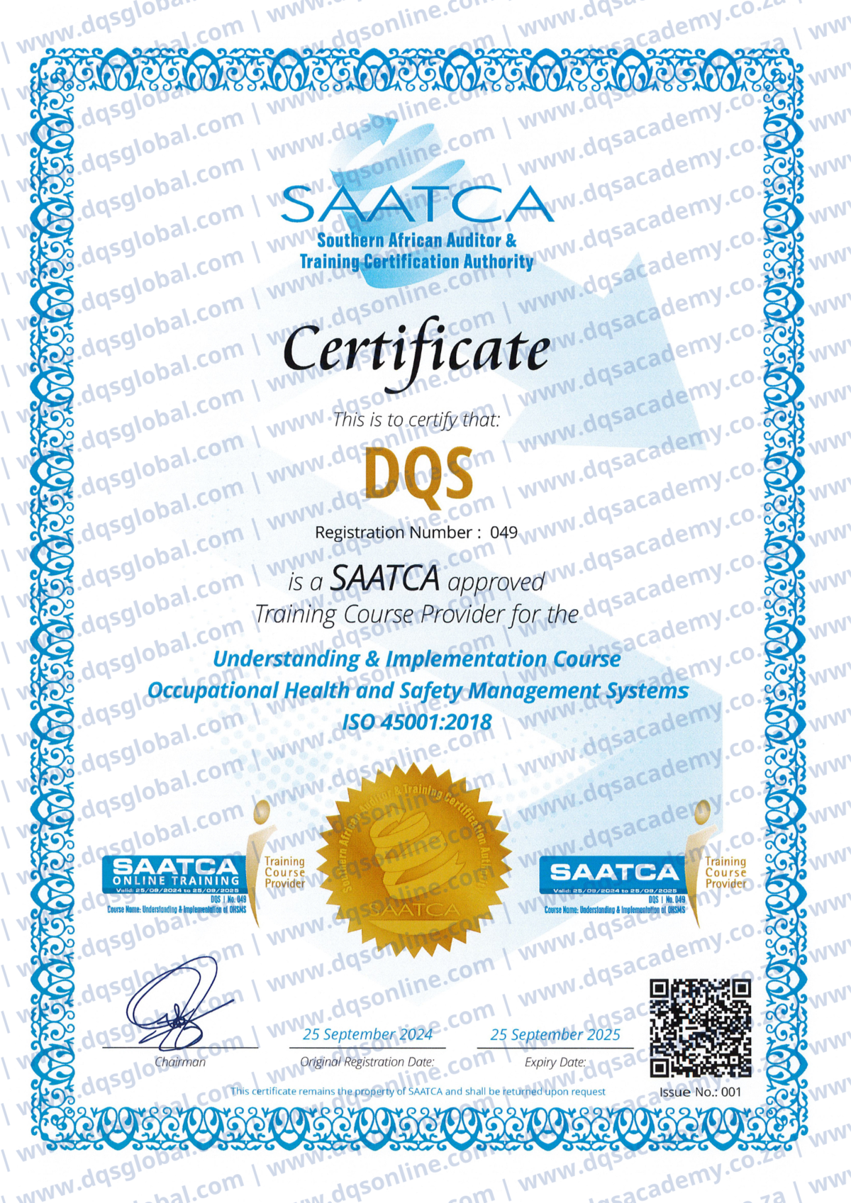 View the official DQS certificate for the SAATCA-approved course on Understanding and Implementing  