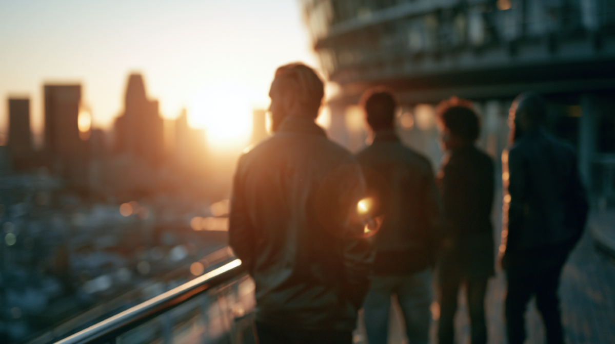 Diverse business professionals standing together on a rooftop terrace overlooking a city skyline at 