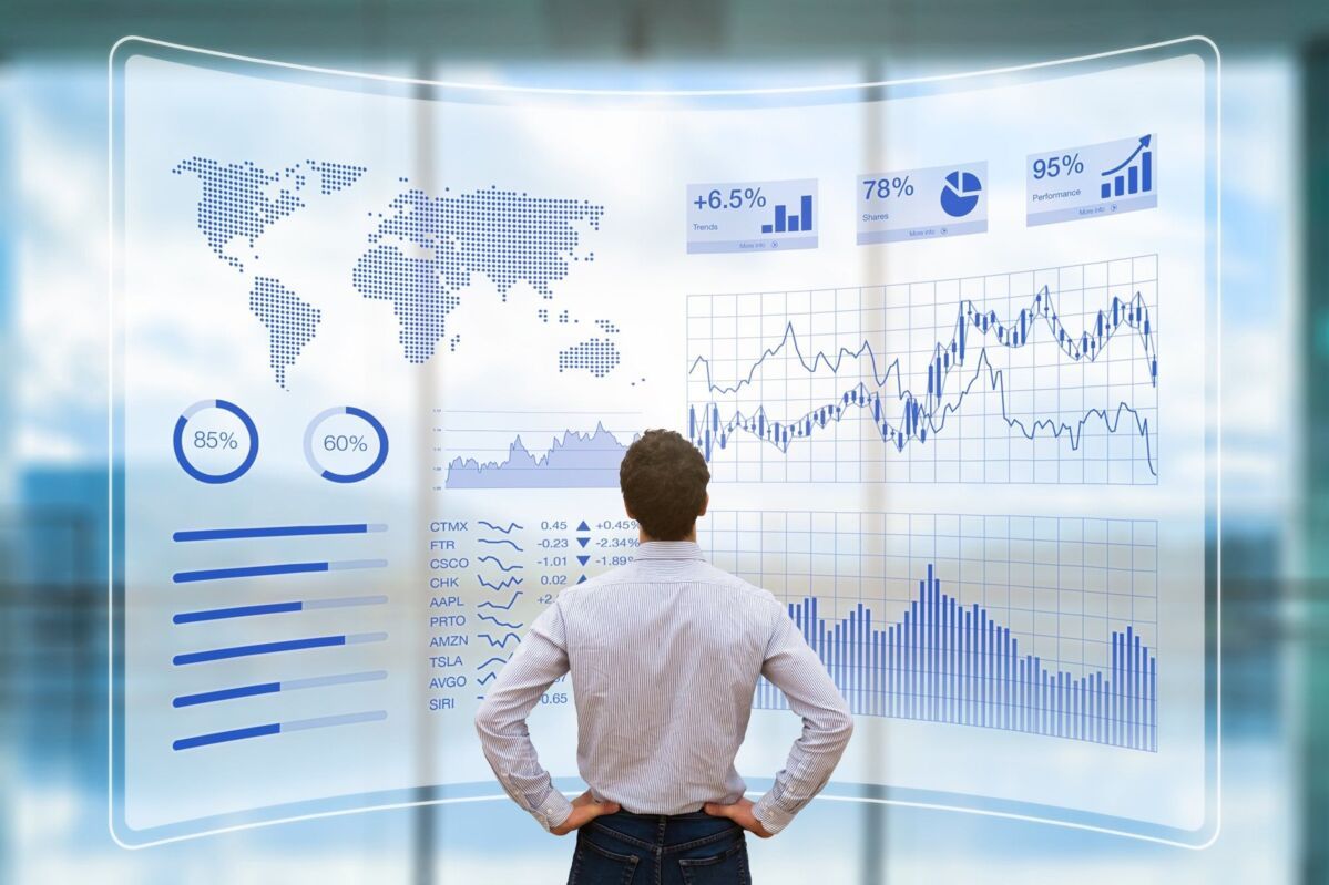 Person using a futuristic HUD interface screen with data, business information