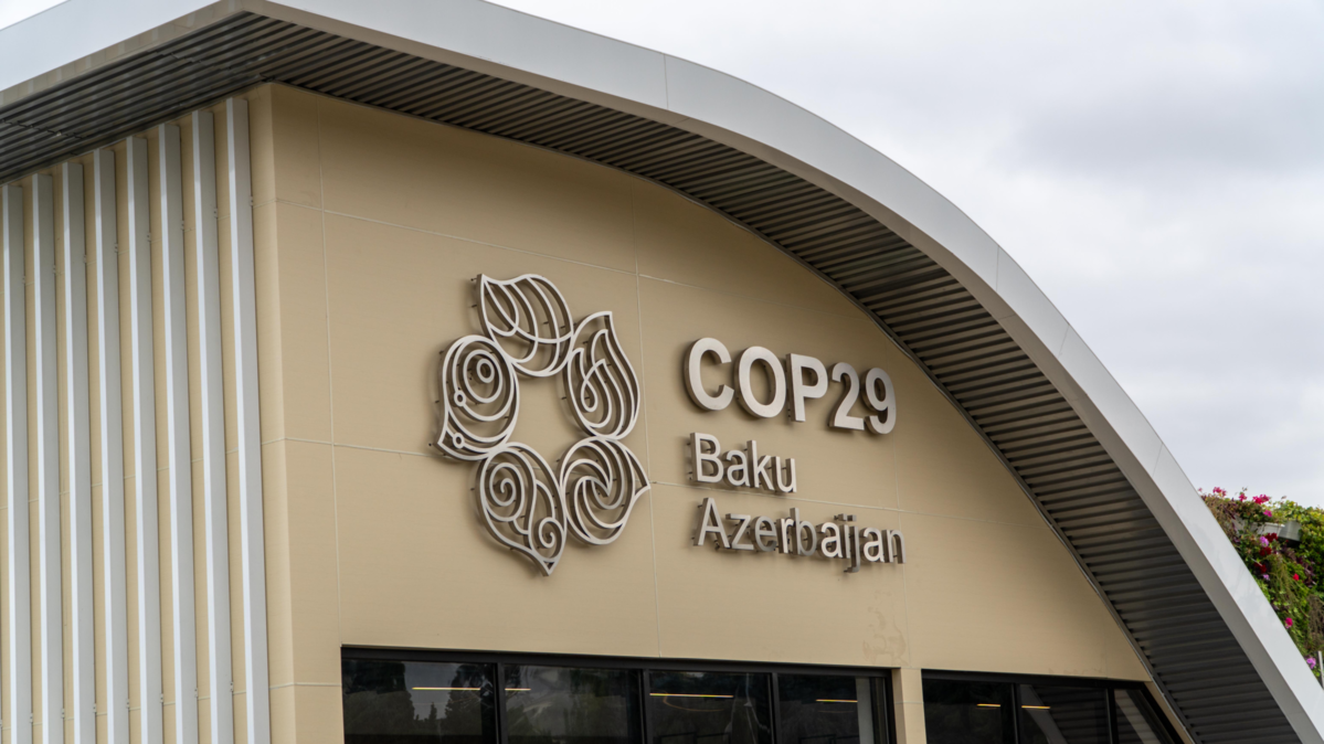 Cop29 logo and signage on the information center building. The 2024 United Nations Climate Change Co