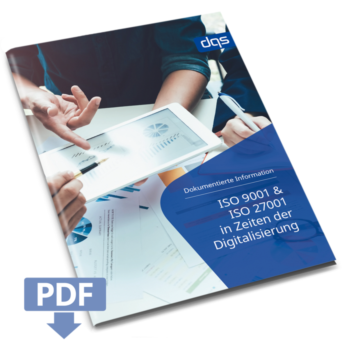 Cover sheet for German whitepaper ISO 9001 and ISO 27001 in times of digitalization with pdf 