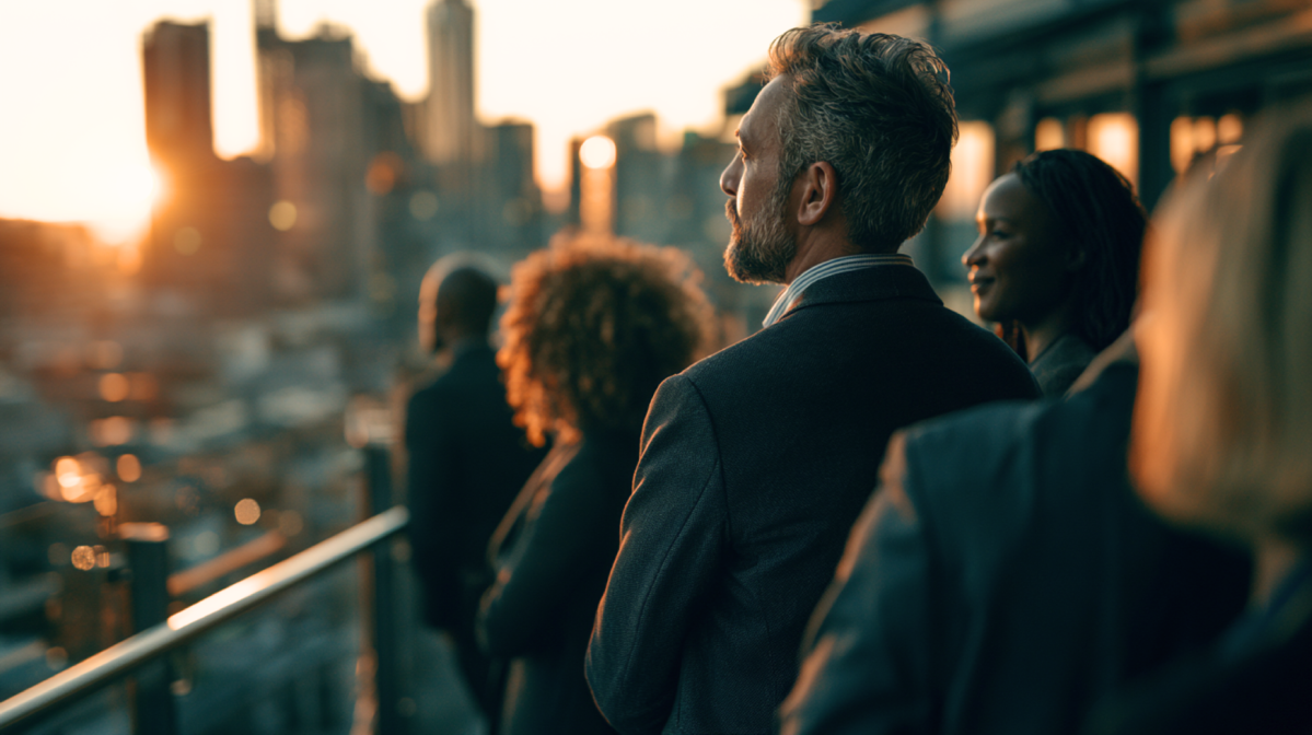 Diverse business professionals standing together on a rooftop terrace overlooking a city skyline at 