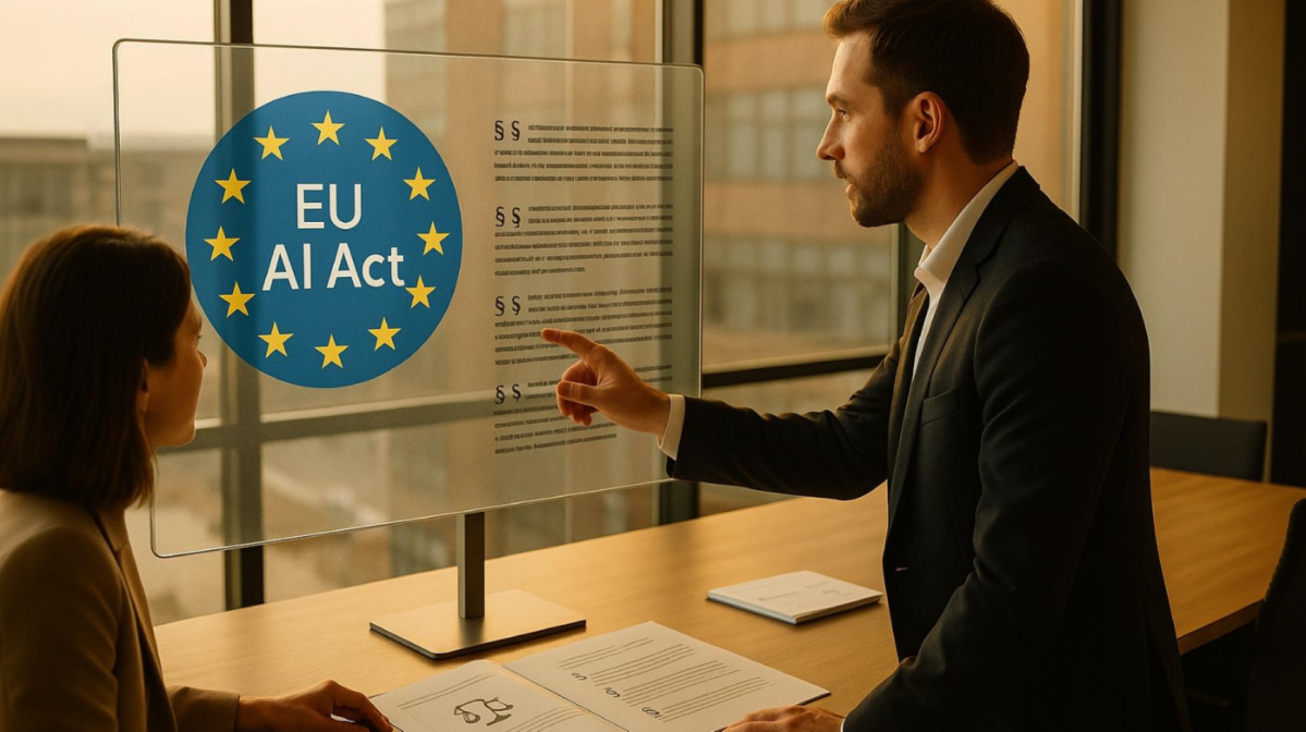 A man and a woman in business attire stand in front of a monitor and talk about the EU AI Act, the E