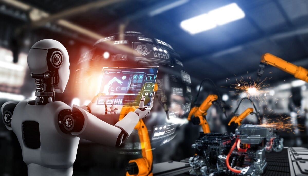 Mechanized industry robot and robotic arms for assembly in factory production . Concept of artificia