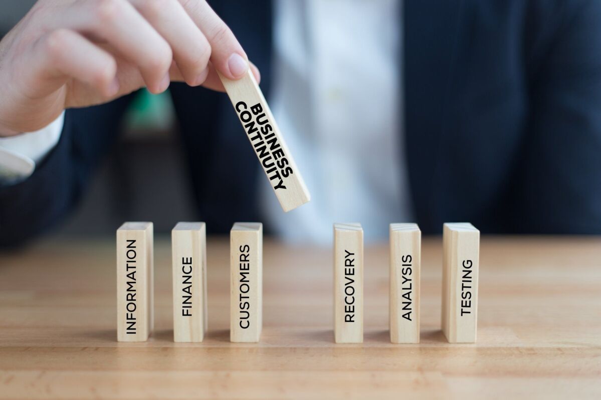 certification-bcm-dqs-terms of possible risk areas are written on long upright wooden blocks a blurr