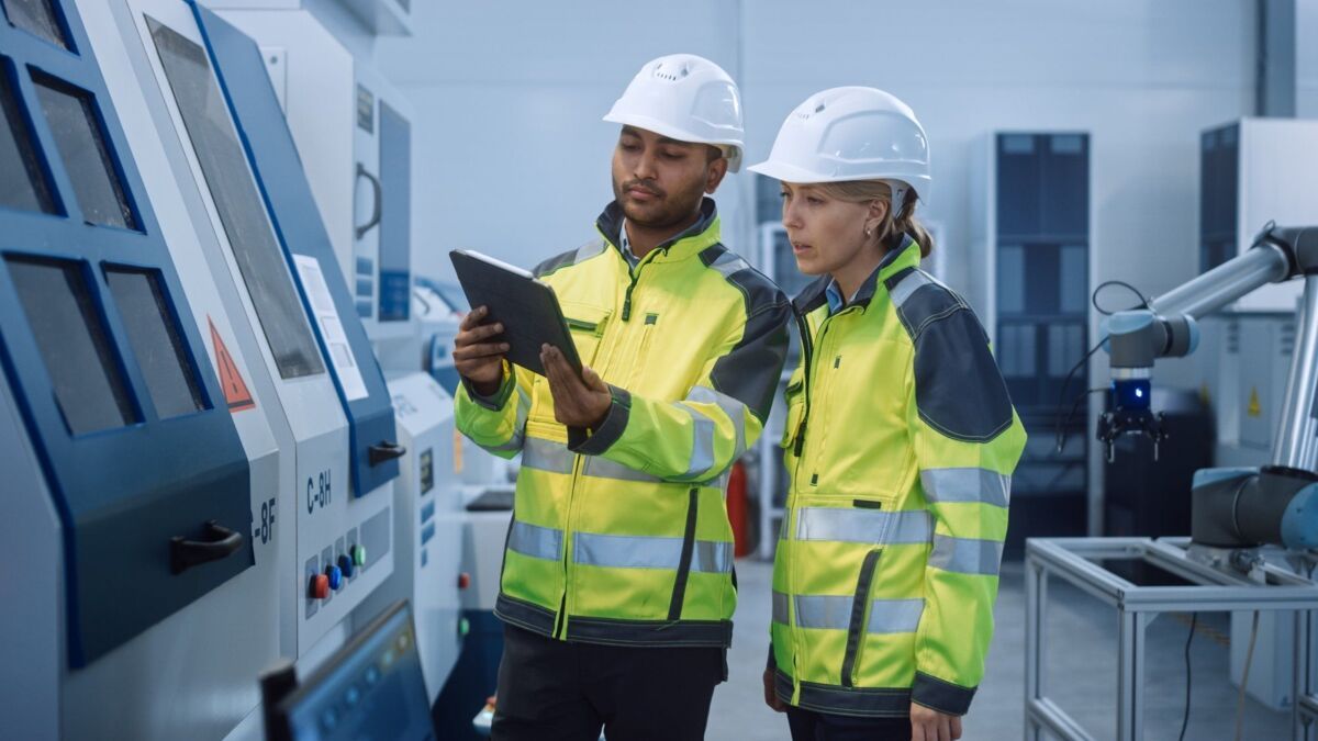 dqs-a woman and a man in protective clothing check measurement results