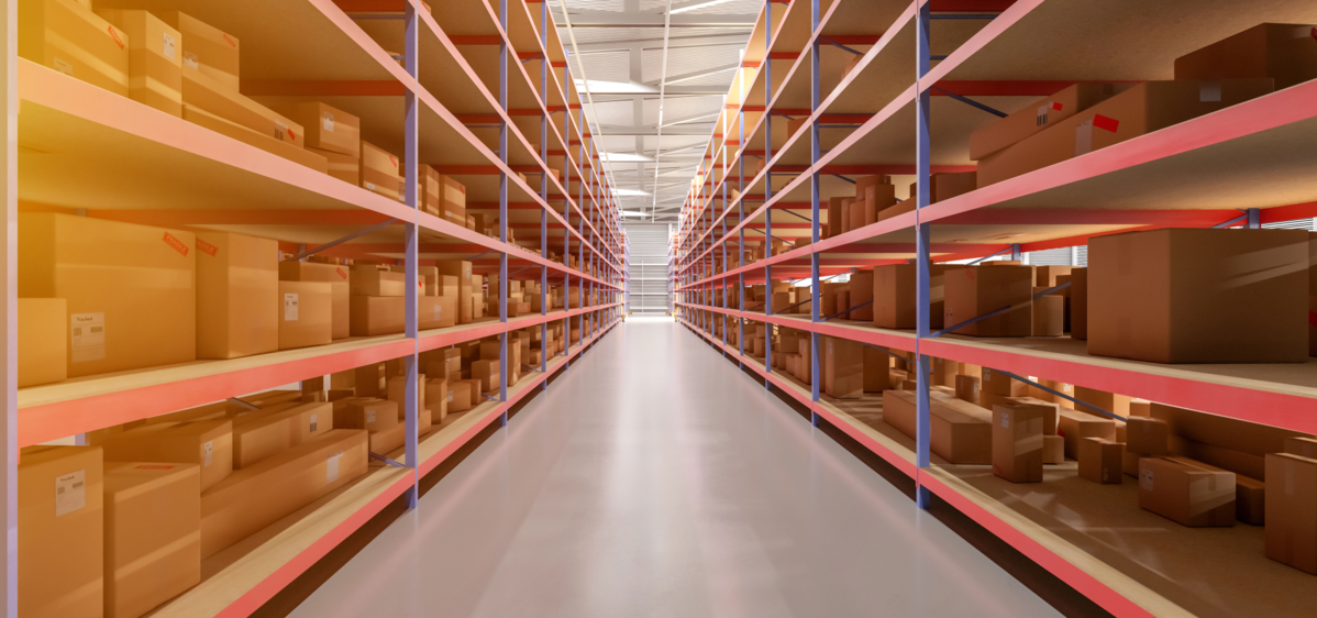 Shelves with packages in a warehouse