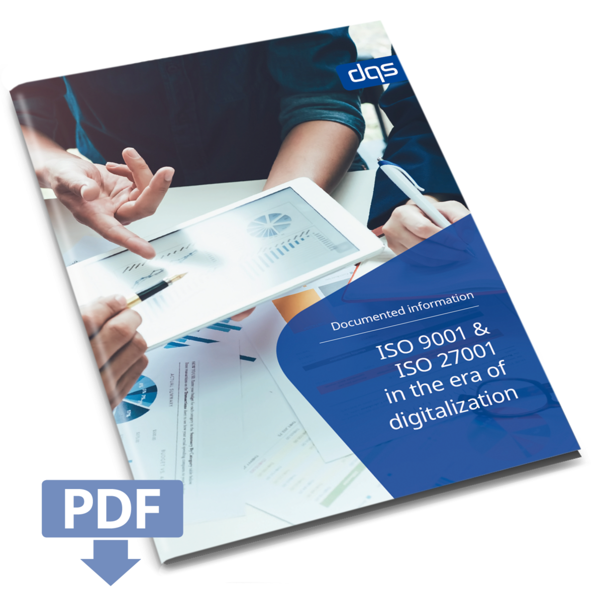 Cover sheet for english whitepaper ISO 9001 and ISO 27001 in times of digitalization with pdf