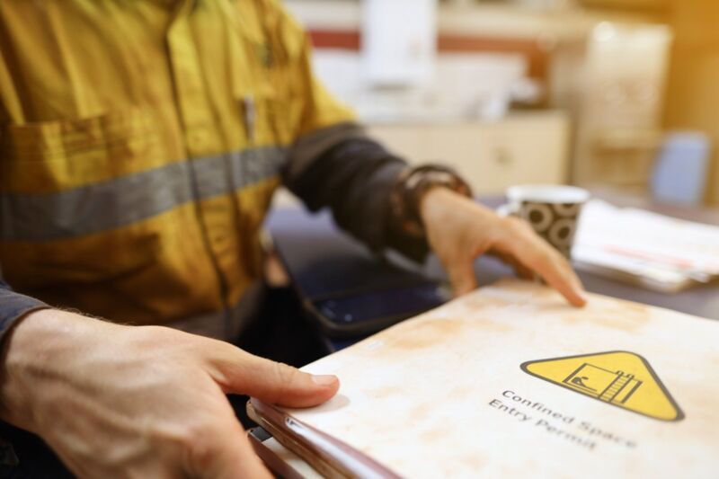 maas-bgw-dqs-a man in yellow grey work clothes of whom only the chest is visible picks up a pile of 