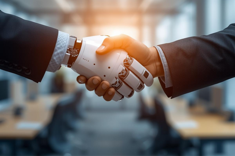 Human handshake with robot hand in a modern office environment, symbolizing collaboration between hu