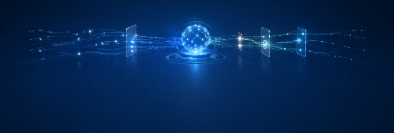 An abstract artificial intelligence serving as a luminous data core within a transparent governance 