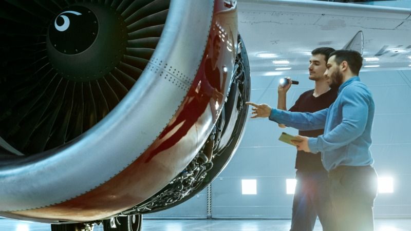 Two technicians with flashlight and tablet inspecting the engine of an airplane