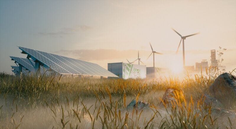 Concept of renewable energy solution in beautiful morning light. Installation of solar power plant, 