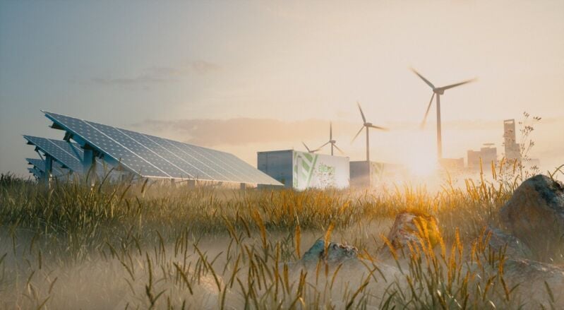 Concept of renewable energy solution in beautiful morning light. Installation of solar power plant, 