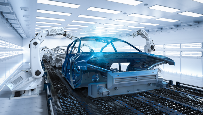 CARA-dqs-automation concept with 3D rendering robot on a car factory assembly line