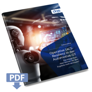Cover image of the German white paper "IACS Resilience in Automotive OT". AI-controlled robot in aut