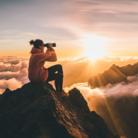 A woman sits on a rocky mountain peak above the clouds at sunrise, looking through binoculars. The s